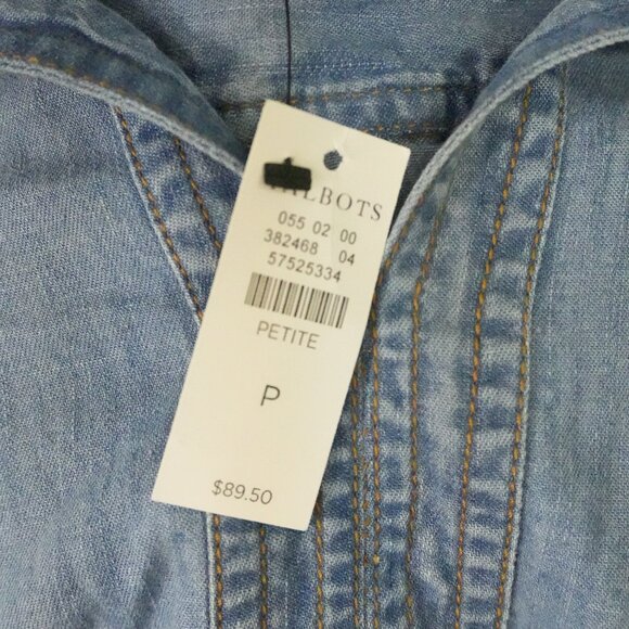 NWT 100% cotton Talbots Petite Small Blue Jean Shirt ¾ Length with Collar - Picture 3 of 7